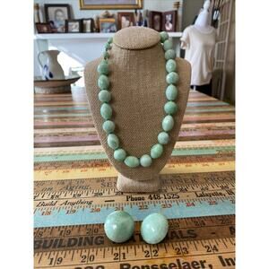 DALSHEIM Mint Green Silver Fleck Beaded NECKLACE Clip On EARRINGS Set 2 VINTAGE